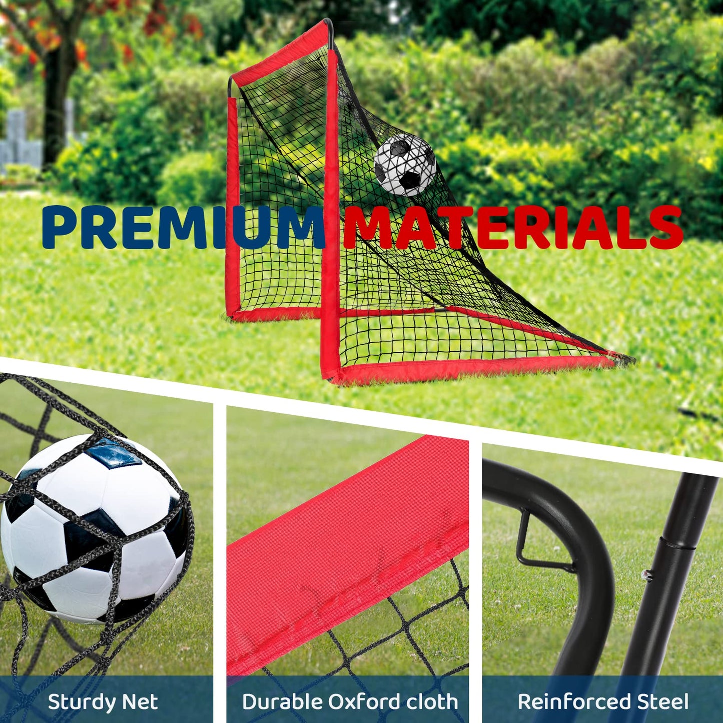 BremToy 2 in 1 Football Goal 6ft x 4ft, Football Goals for the Garden with Target Goal Net, Waterproof Oxford Cloth Football Goal for Kids, 4 U-Shaped Steel Stakes, Portable Bag