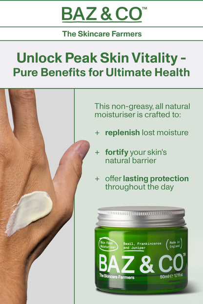 BAZ & CO Skin Food Moisturiser Face Cream for Men 50ml with Basil, Frankincense and Juniper
