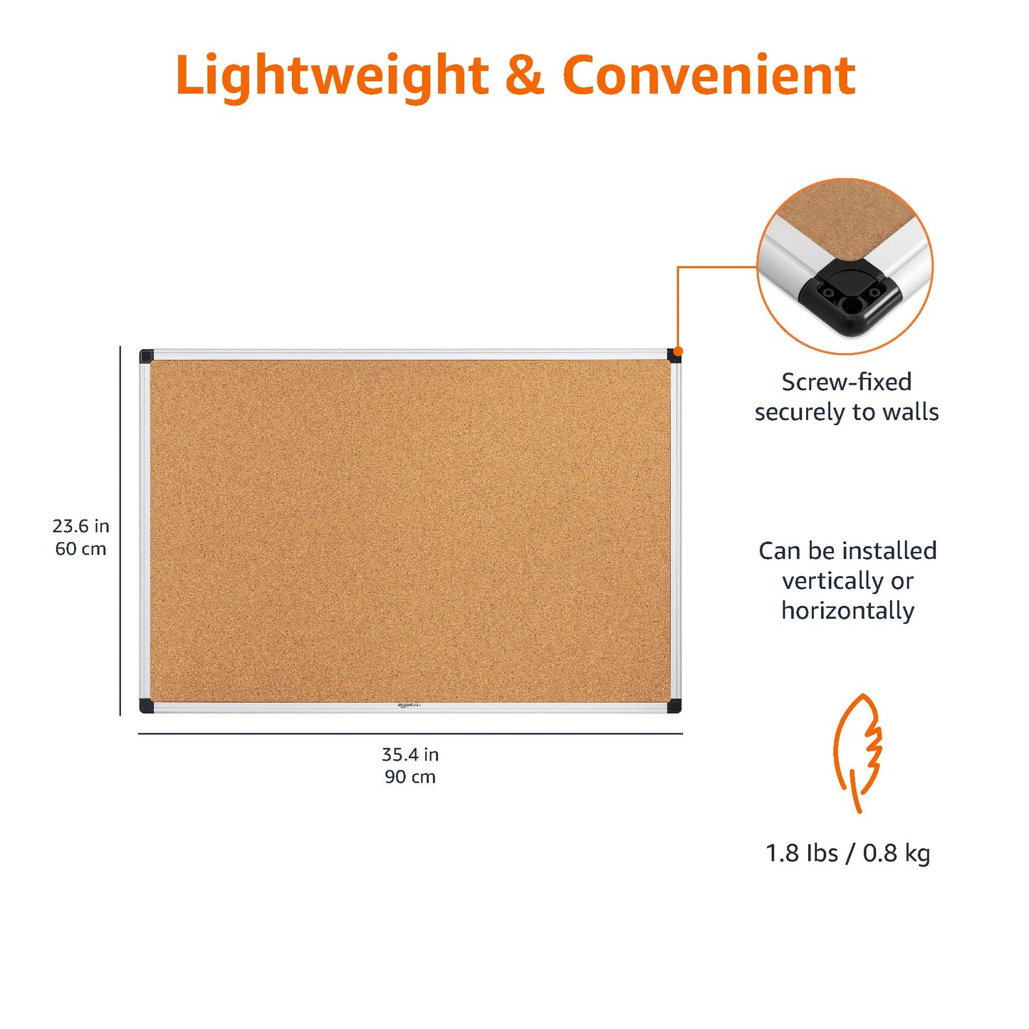 Amazon Basics Aluminum Frame Cork Notice Rectangular Board, 90cm x 60cm, Silver