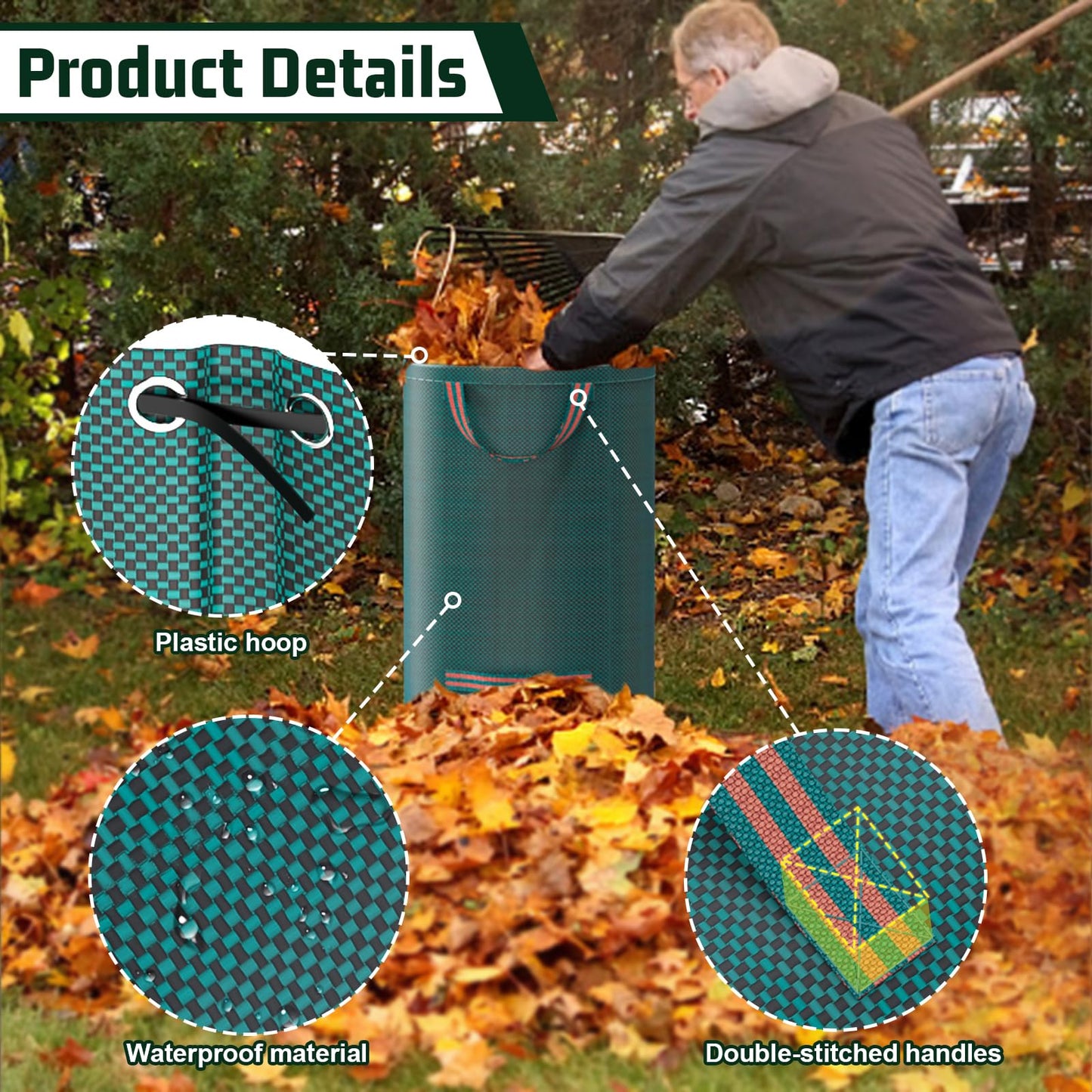 3 Sacks Garden Waste Bags Heavy Duty, Green Garden Waste Sacks Reusable, Industrial Fabric and Handles, Garden Refuse Rubbish Bag, Ideal for Collecting Plant waste grass and Leaves (500L*300L*120L)