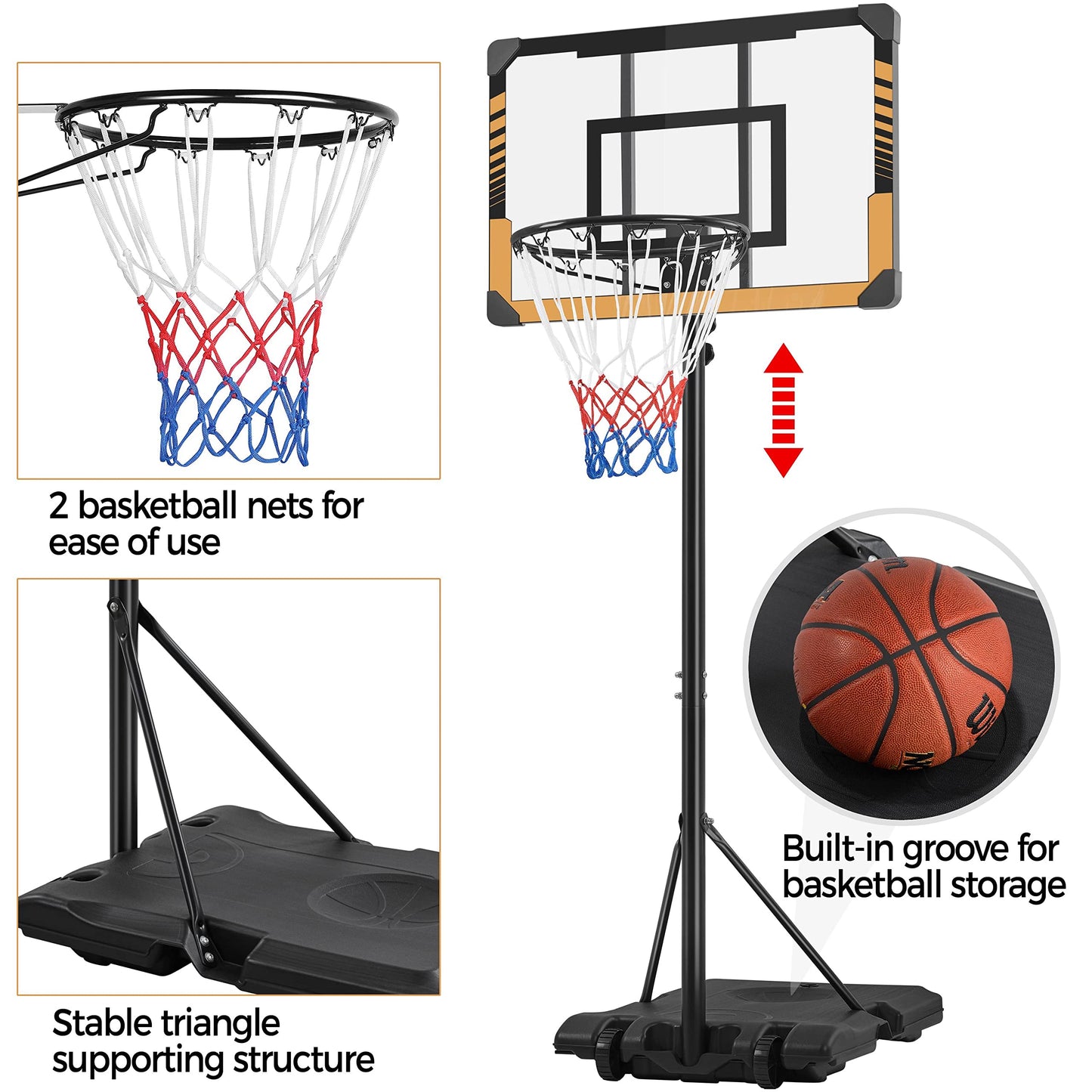 - Yaheetech Height Adjustable Basketball Hoop 7.4ft-8.4ft Portable Basketball Net & Stand.