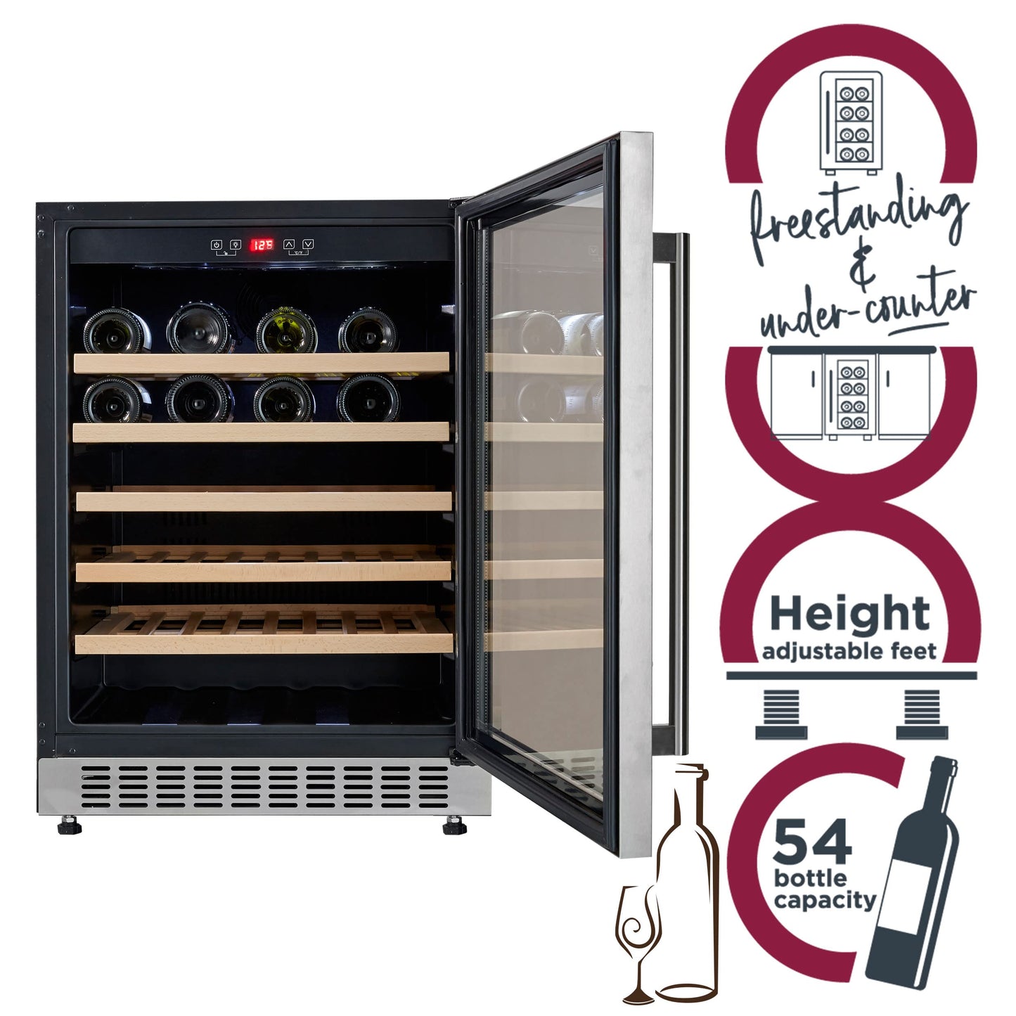 Cookology CWC600SS Freestanding Undercounter Fridge Cabinet 60cm Wine Cooler, 54 Bottle, 135 Litre Capacity, with Digital Temperature Control and Reversible Door - in Stainless Steel