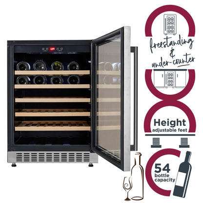 Cookology CWC600SS Freestanding Undercounter Fridge Cabinet 60cm Wine Cooler, 54 Bottle, 135 Litre Capacity, with Digital Temperature Control and Reversible Door - in Stainless Steel