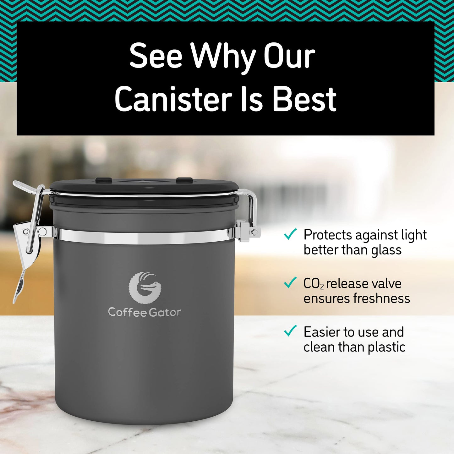Coffee Gator Coffee Storage - Stainless Steel Tea and Sugar Containers - Canisters w/Date-Tracker, CO2 Valve for Freshness & Scoop - Large, Sliver