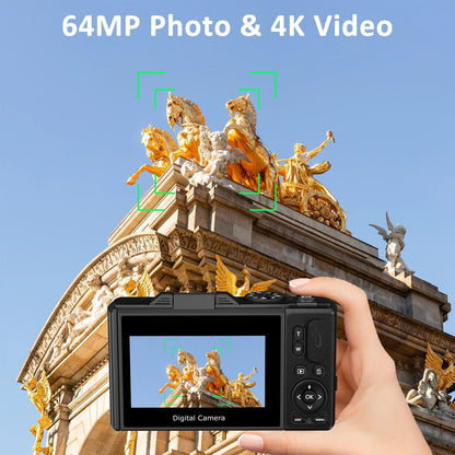 4K Compact Digital Camera for Photography: 16X Zoom Vlogging Camera for YouTube with 3'' 180° Flip Screen 32GB TF Card - 64MP Digital Point and Shoot Camera for Beginner