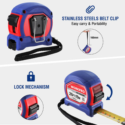 - WORKPRO Tape Measure 8M 26FT, Retractable Professional Measuring Tape