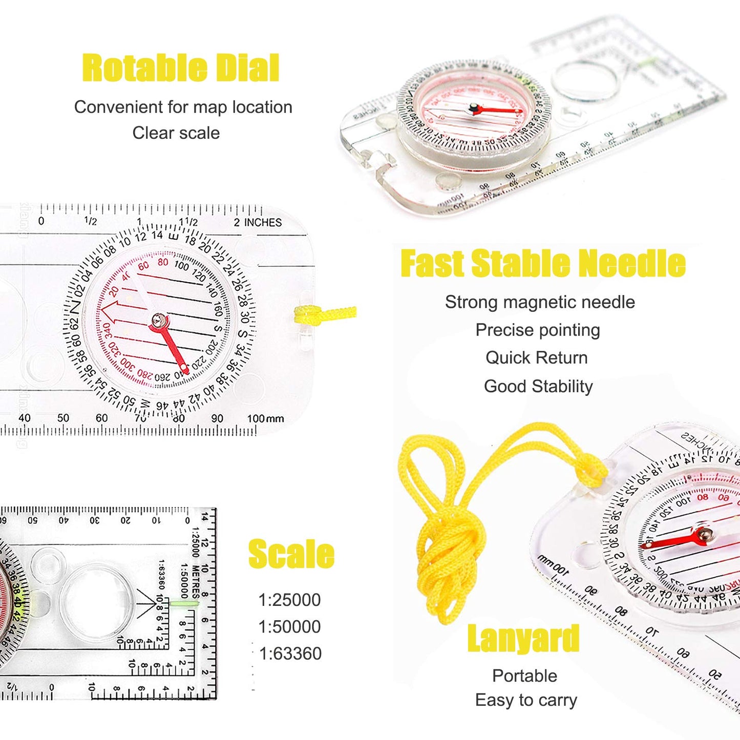 Compass Orienteering, Clear Navigation Compass for Explorer Expedition Camping, Hiking, Survival Mountaineering with Waterproof Map Case Bag and Emergency Whistle