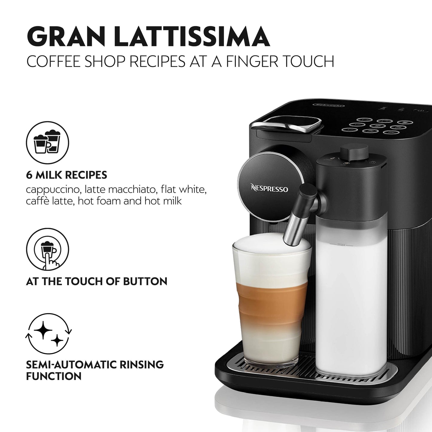 De'Longhi Nespresso Gran Lattissima EN640.B, Automatic Coffee Maker, Single-Serve Capsule Coffee Machine, Automatic Frothed Milk, 19 Bar Pressure, Cappuccino, Latte, 1400W, Sophisticated Dark Black