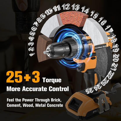 Cordless Drill Driver 21V, Cordless Hammer Drill with 2 Batteries 2000mAh, 25+3 Torque, 42N.m Max Electric Drill, 30PCS Drill Bits, 2 Speed, LED Light for Home and Garden DIY Project