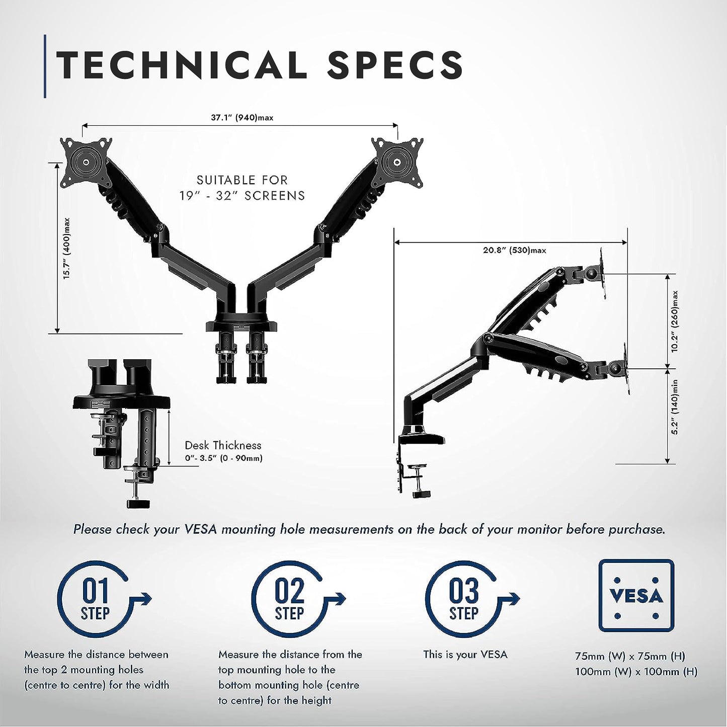 - Invision Dual Monitor Arm Desk Mount for 19 to 32 Inch Screens | VESA 75 & 100mm Desk Clamp Stand | Tool Free Height Adjustment with Tilt Swivel Rotate - Increased Load Capacity from 2-9kg (MX400) -