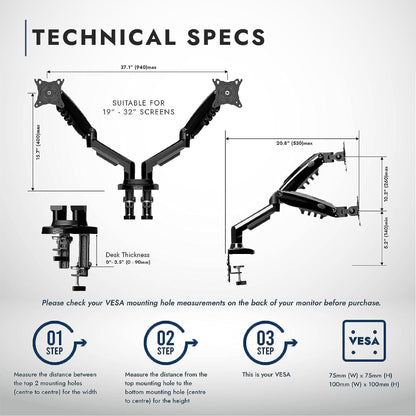 - Invision Dual Monitor Arm Desk Mount for 19 to 32 Inch Screens | VESA 75 & 100mm Desk Clamp Stand | Tool Free Height Adjustment with Tilt Swivel Rotate - Increased Load Capacity from 2-9kg (MX400) -