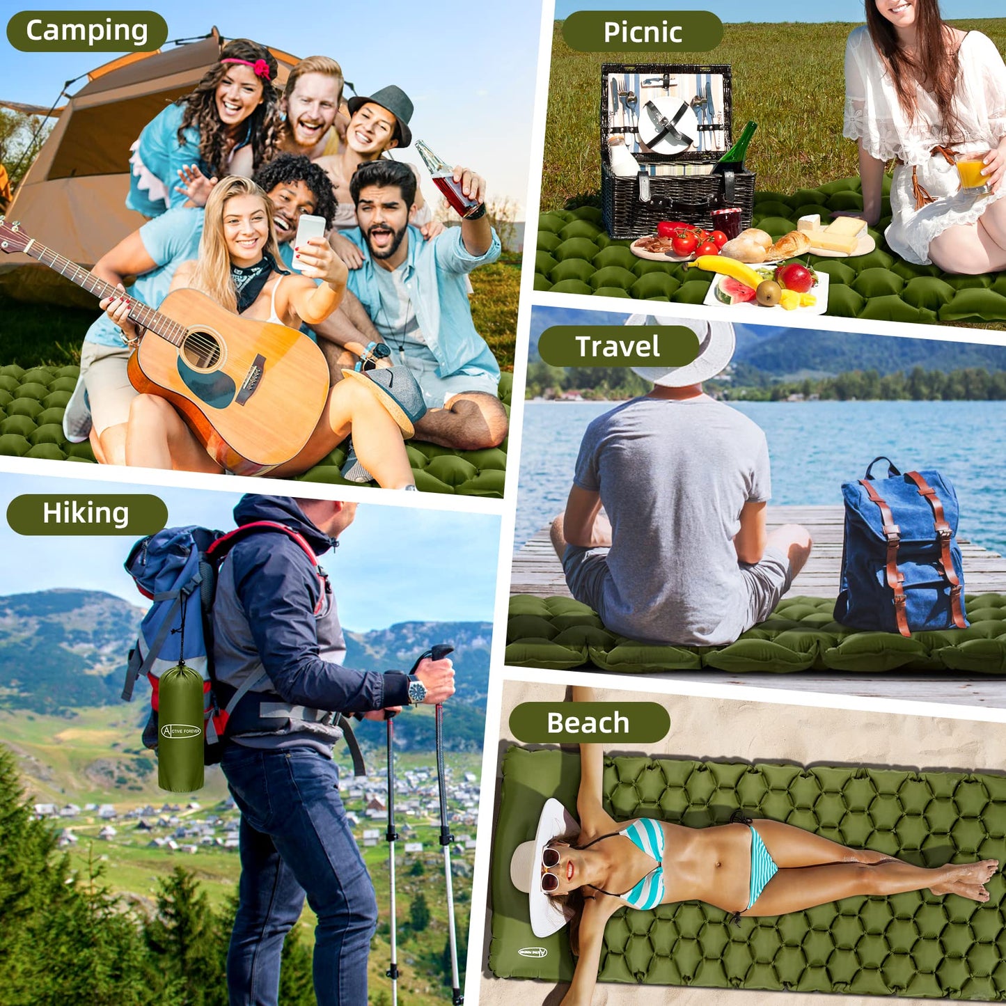 ACTIVE FOREVER Inflatable Camping Mat, Ultralight Sleeping Mat with Pillow and 20L Pump Sack, Waterproof Air Mattress Single Pad Bed for Outdoor Backpacking Hiking Beach, Army green