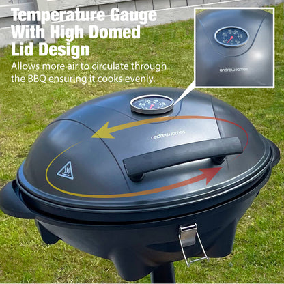 Andrew James BBQ Electric Grill Barbecue with 5 Temperature Settings Grey | Thermostat | Indoor & Outdoor Party | Removable Drip Tray & Condiment Stand | Healthy Grilling | Non-Stick Cooking Surface