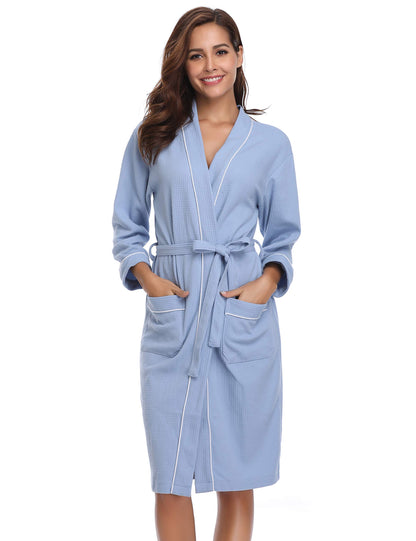 - Vlazom Waffle Dressing Gowns Unisex Kimono Robe Cotton Lightweight Bathrobe -