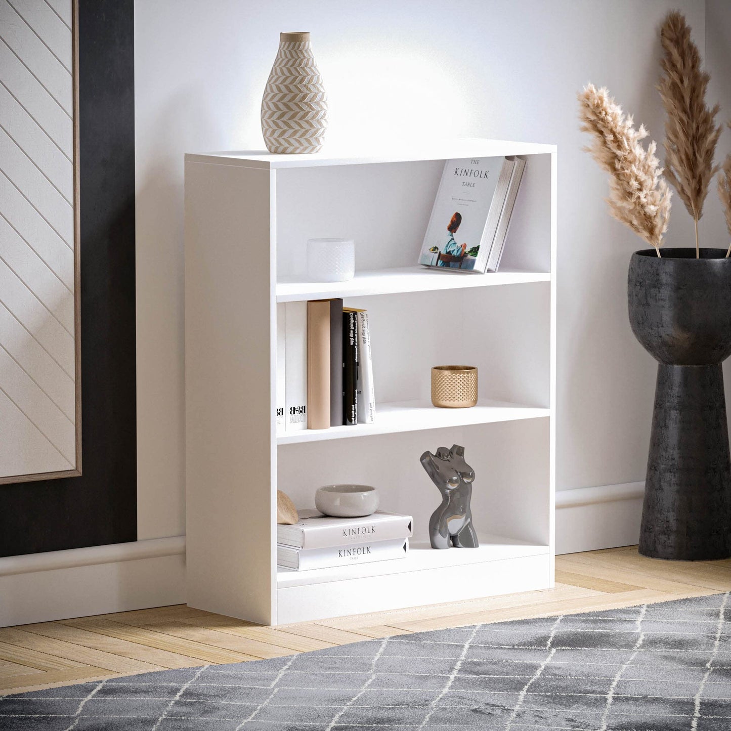 - Vida Designs Cambridge 3 Tier Low Bookcase, White Wooden Shelving Display Storage -
