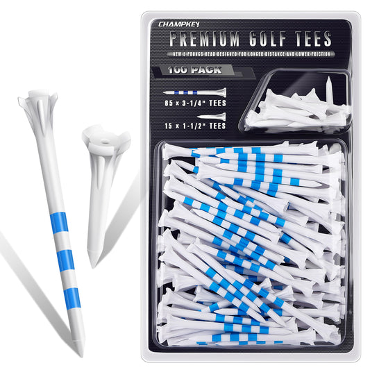 CHAMPKEY Original Plastic Golf Tees 100 Pack | 85 Driver Tees with 15 Iron/Hybrid Tees Mixed Pack | Low Friction and Resistance Golf Plastic Tees (3-1/4")