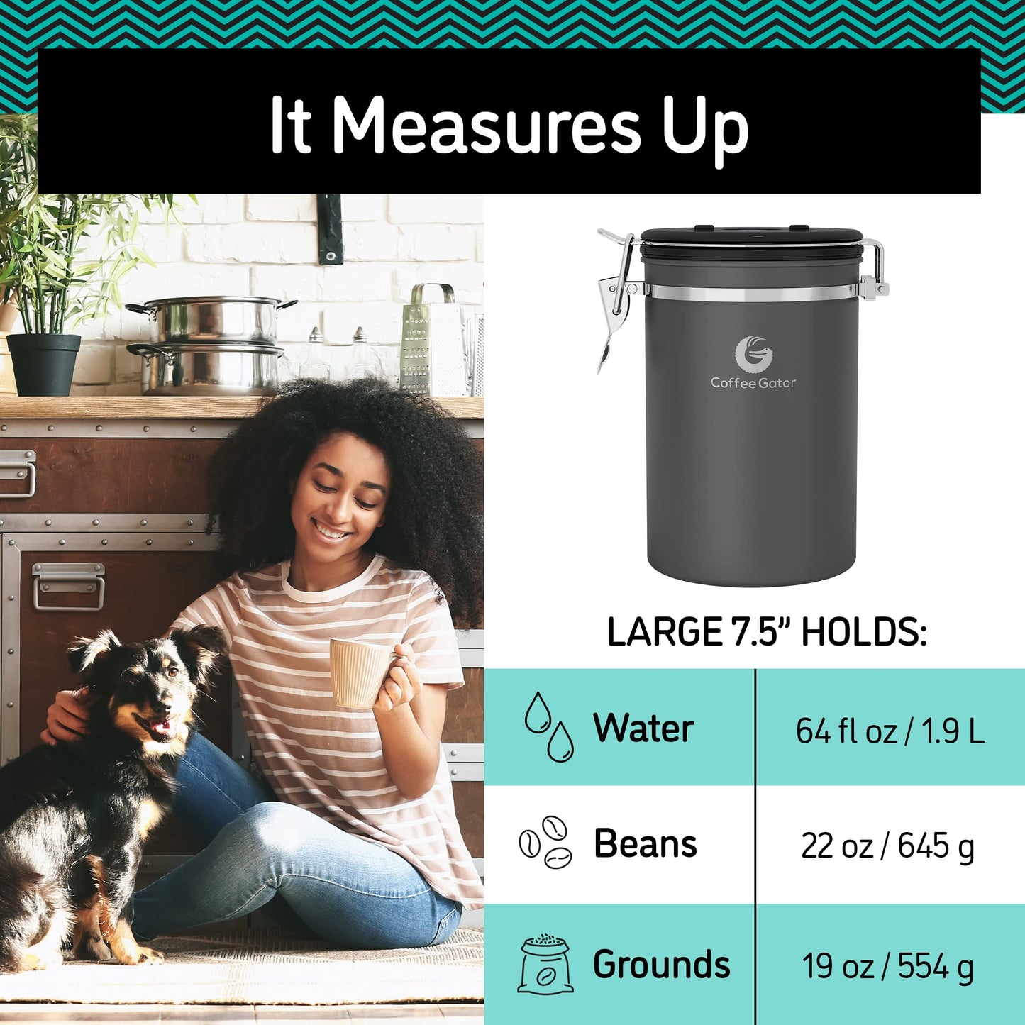 Coffee Gator Coffee Storage - Stainless Steel Tea and Sugar Containers - Canisters w/Date-Tracker, CO2 Valve for Freshness & Scoop - Large, Sliver