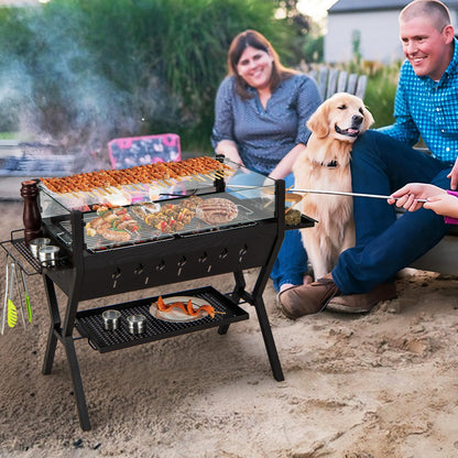 COSTWAY 2-in-1 Barbecue Grill, Metal Large Fire Pit with Glass Wind Guard, Seasoning Racks, Storage Shelf & Gloves, Outdoor Square Charcoal Smoker Heater for Party Camping