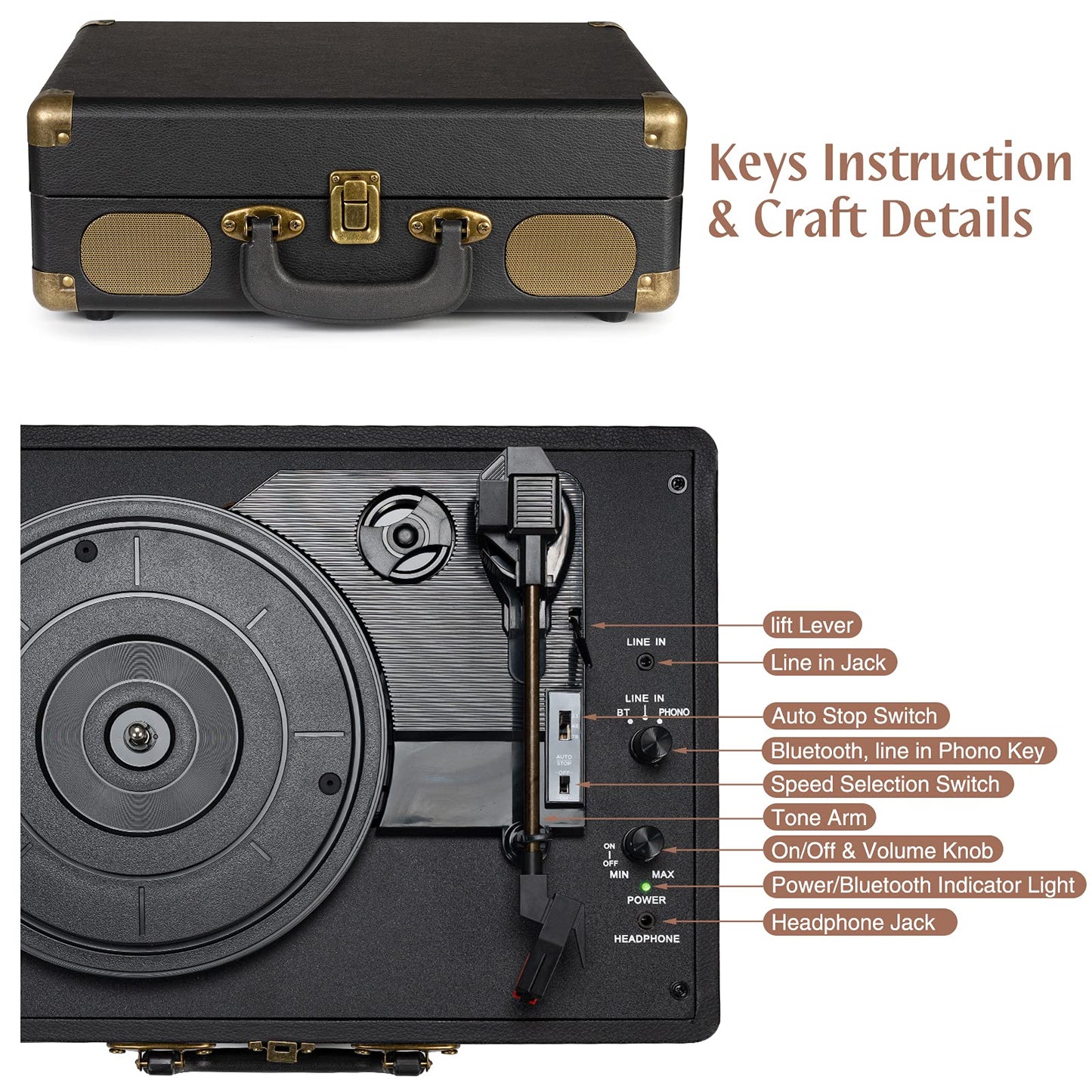 - Retrolife Vinyl Record Player | 3-Speed | Bluetooth | Suitcase Portable Belt-Driven Record Player with Built-in Speakers -