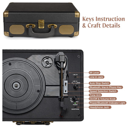 - Retrolife Vinyl Record Player | 3-Speed | Bluetooth | Suitcase Portable Belt-Driven Record Player with Built-in Speakers -