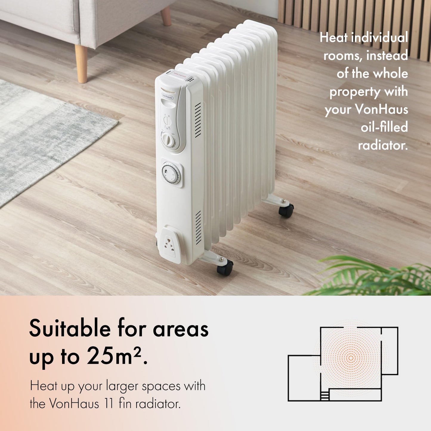 = VonHaus Oil Filled Radiator 11 Fin, Heater Portable Electric Free Standing 2500W for Home, Office, Any Room