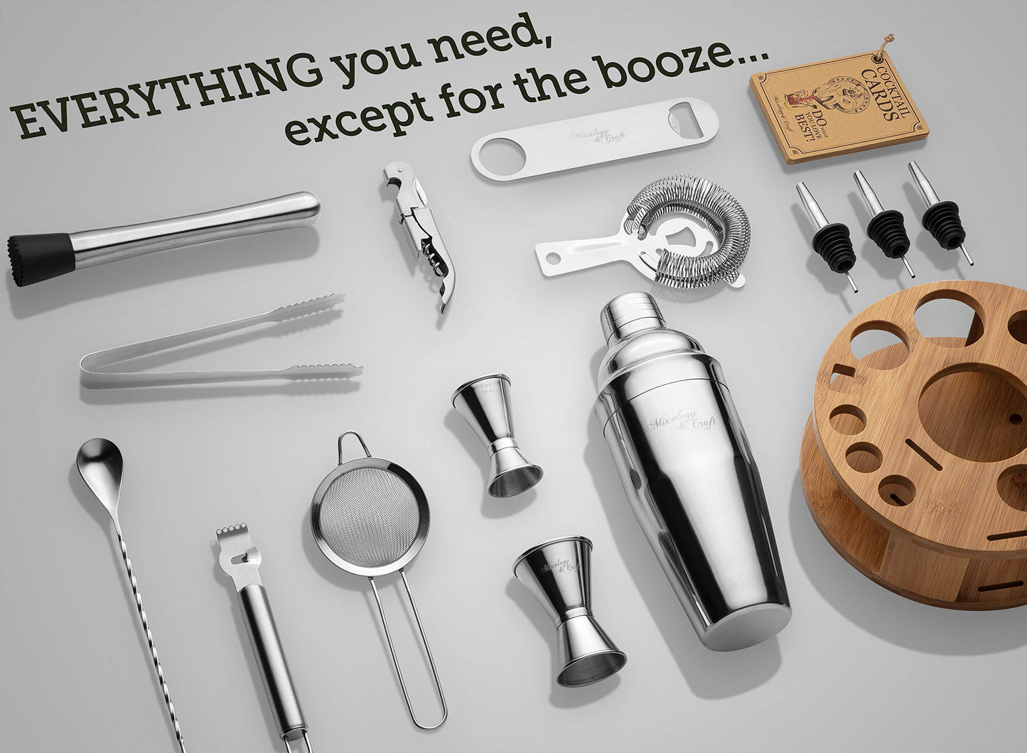 - Mixology & Craft Cocktail Shaker Set -| 15-Piece Cocktail Making Set w/Bamboo Stand -