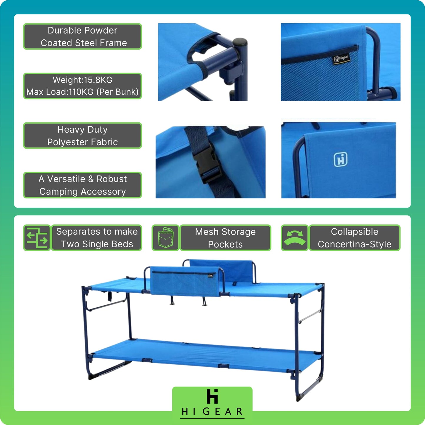 - Hi-Gear Duo Bunk Beds | 2 People | Portable | Folding | Collapsible | Steel Frame -