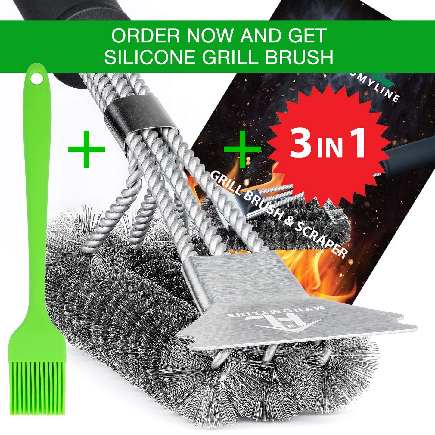 BBQ Grill Cleaning Brush & Scraper - Metal BBQ Grill Brush for Weber, Gas, Charcoal, Iron, Porcelain, All Grilling Grates - Safe Stainless Steel 18 Inch BBQ Brush with Grill Scraper (43 cm)