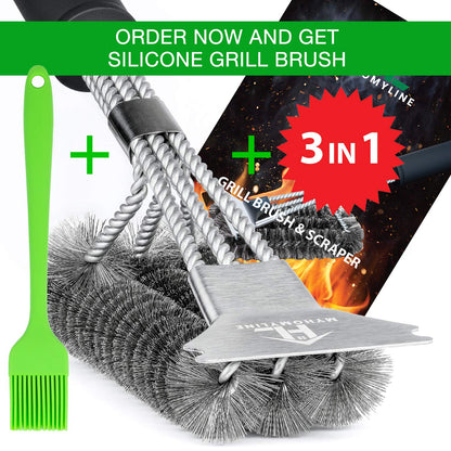 BBQ Grill Cleaning Brush & Scraper - Metal BBQ Grill Brush for Weber, Gas, Charcoal, Iron, Porcelain, All Grilling Grates - Safe Stainless Steel 18 Inch BBQ Brush with Grill Scraper (43 cm)
