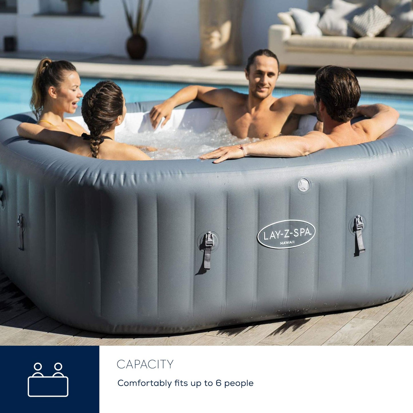 - Lay-Z-Spa Hawaii Hot Tub | 8 HydroJet Pro Massage System | Inflatable Spa | Freeze Shield Technology | Sociable Square Shape | 4-6 Person -