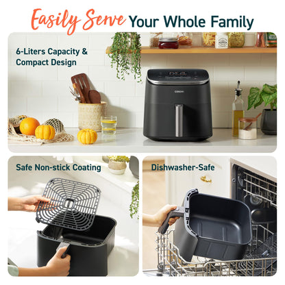 COSORI Air Fryer TurboBlaze, 6L Compact Design, 9 Functions with 5 Auto Fan Speeds Airflow System, Fast and Energy Saving, 30℃ to 230℃, Quiet, 110+ Recipes, Oil Free, Non-stick, Dishwasher Safe