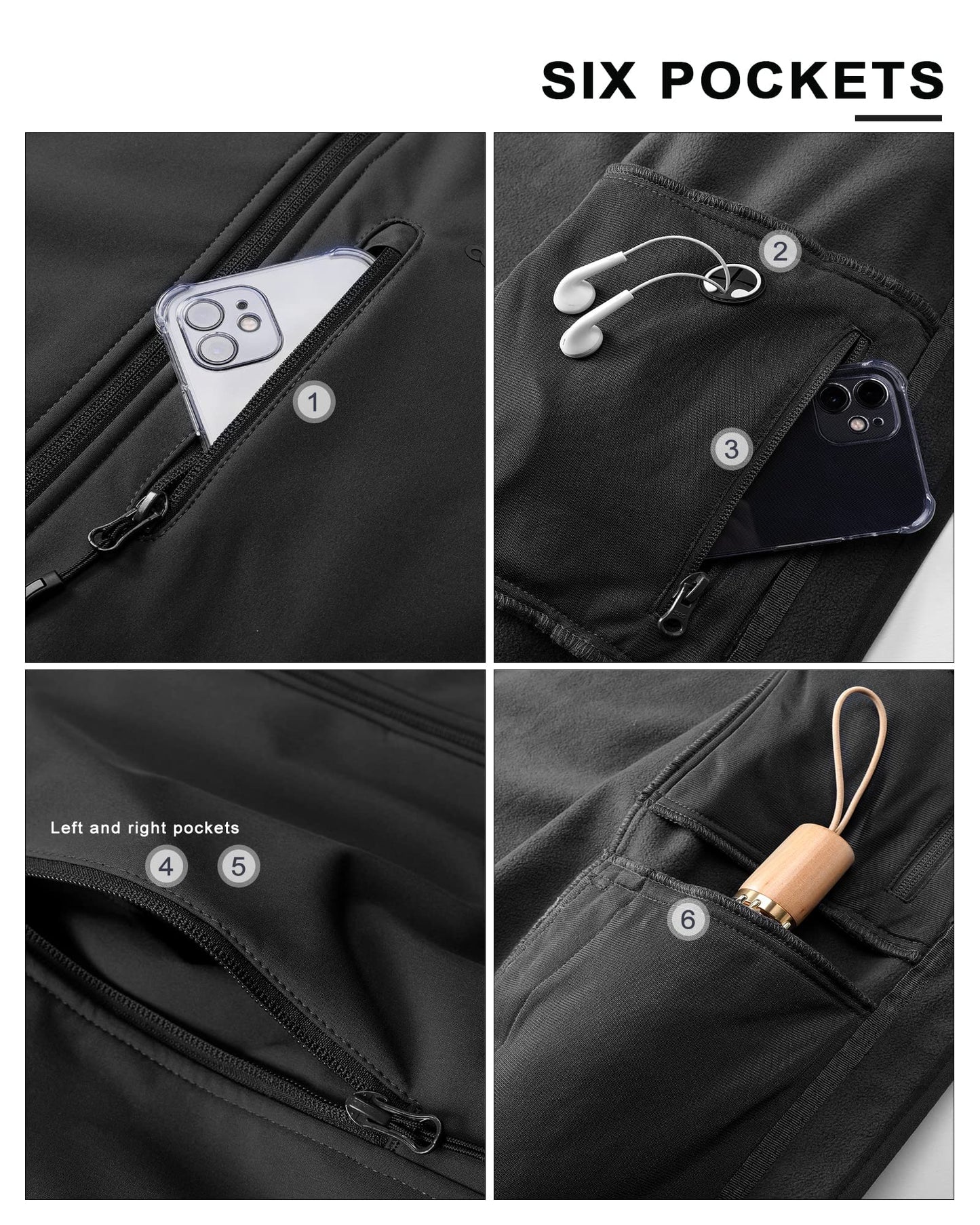 33,000ft Men's Waterproof Jackets Fleece Lining Softshell Jacket - Multi Pockets Outdoor Windproof Coat With Detachable Hood Black XL