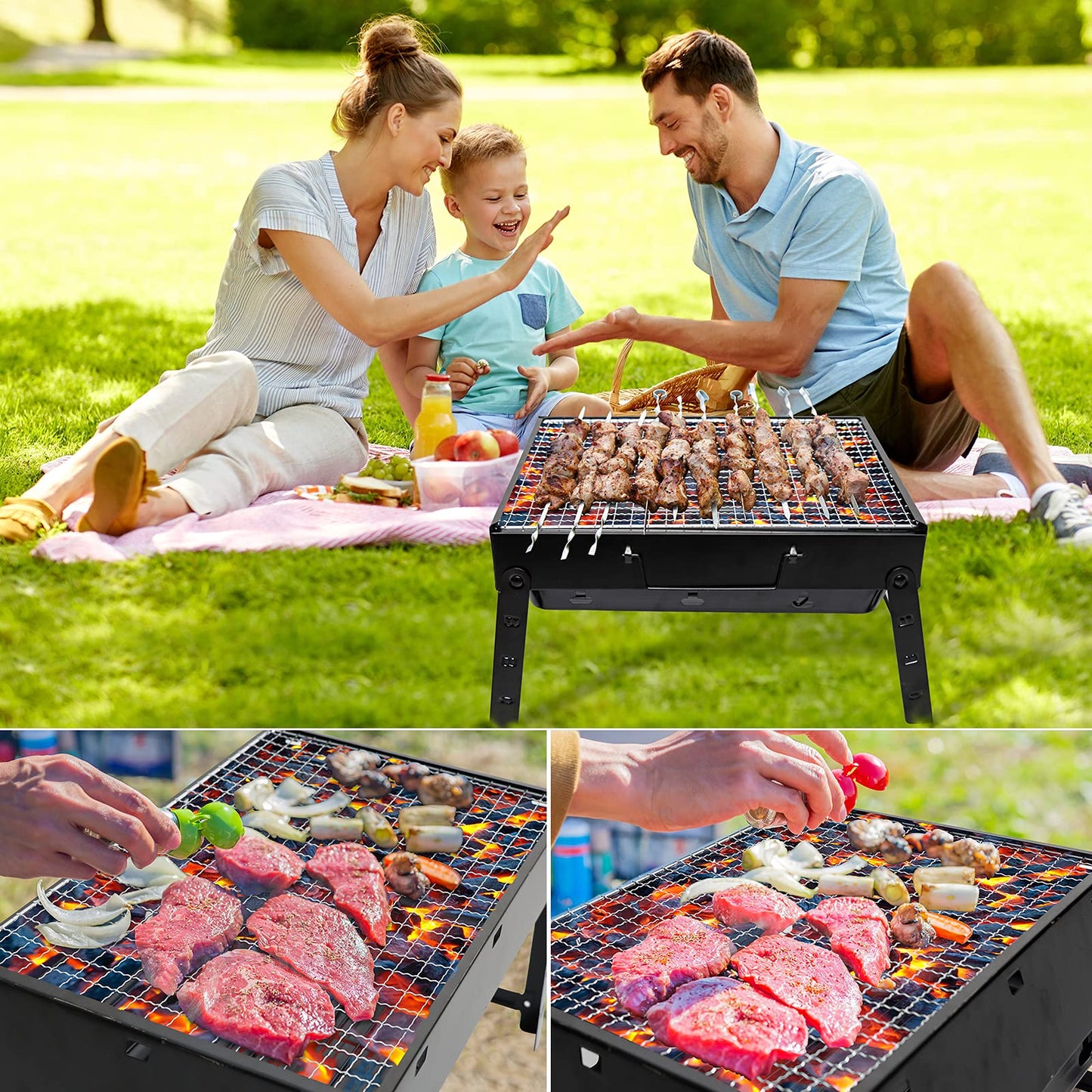 BBQ Barbecue Grill, Portable Foldable Charcoal Grill for Outdoor, Stainless Steel BBQ Tabletop Smoker for Picnic, Garden, Terrace, Camping, Travel, Hiking