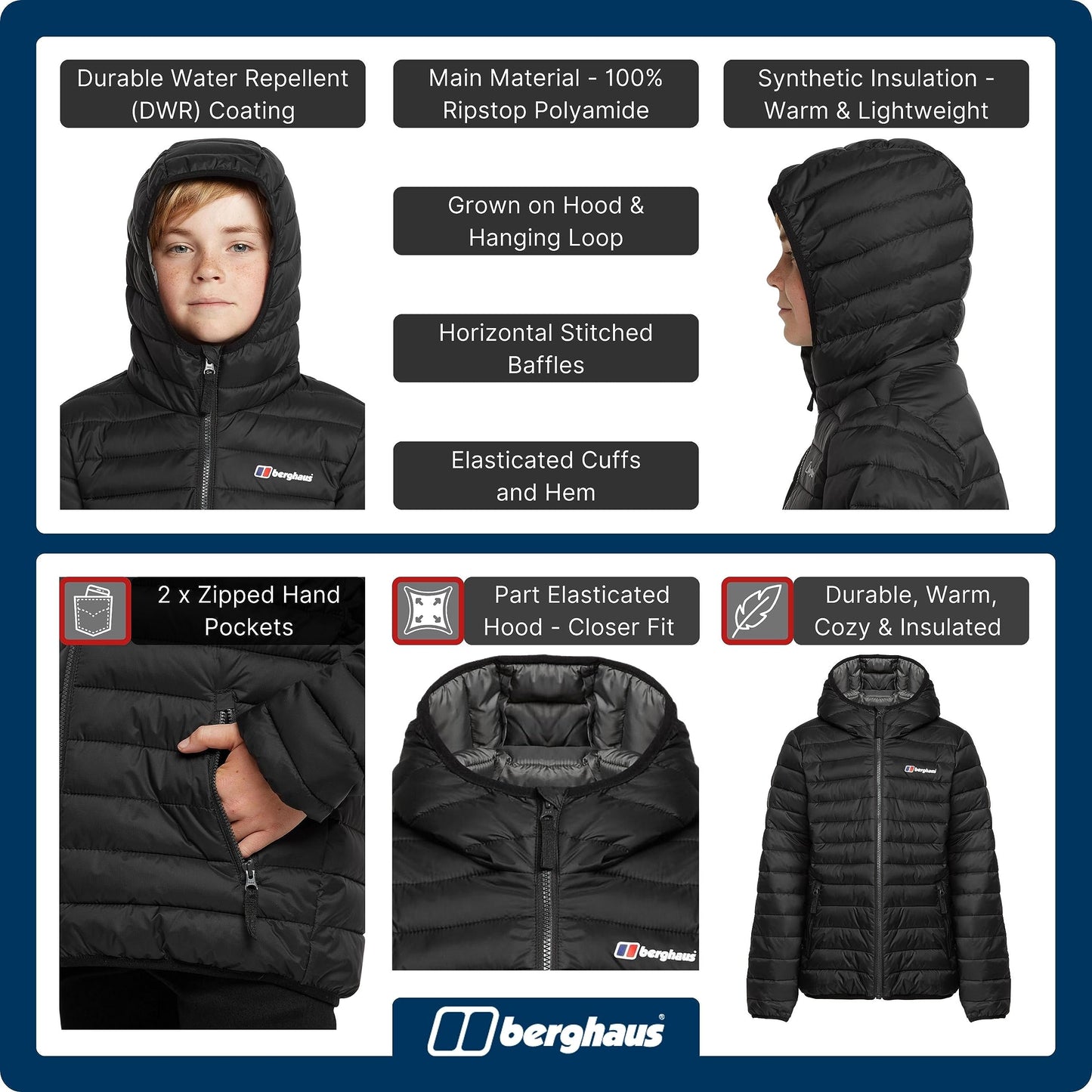 Berghaus Kids' Kirkhale Baffle Jacket with Lightweight Insulation and Water Resistant Fabric, Kids' Winter Jacket, Hiking & Outdoor Recreation Clothing (13 Years, Black)