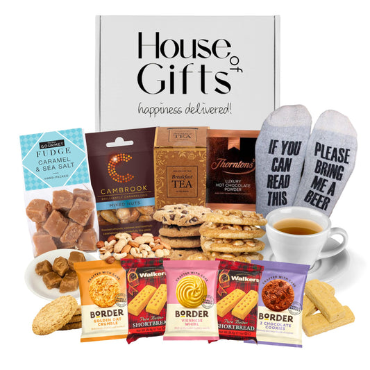 Birthday Gifts Hamper for Men | Dads Birthday Including Novalty Socks, Fudge, Border Biscuits, Breakfast Tea, Walkers Shortbread and more!
