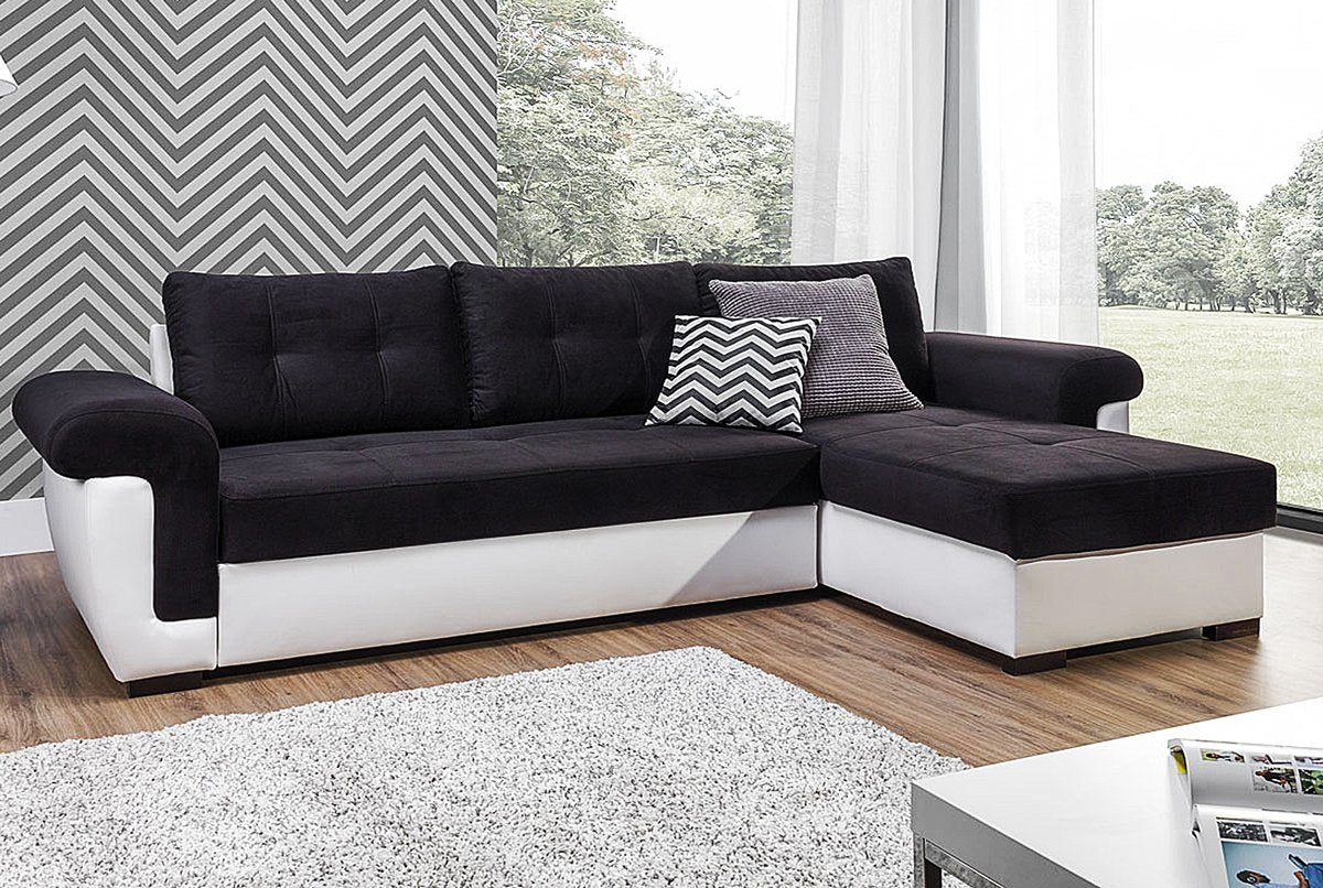 Corner Sofa Bed Black Soft Fabric/White PVC. Double Bed, Large Storage.