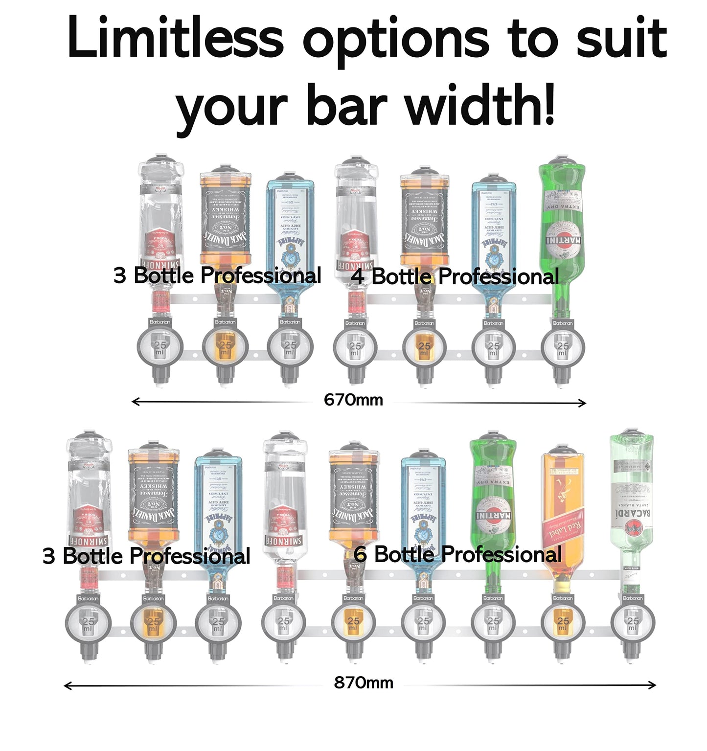 Barbarian 4/6 Bottle Optics for Spirits - Bar Butler Shot Measure Bracket Alcohol Wine Upside Down Drink Dispenser Home bar Garage Man cave (4 Bottle Professional)