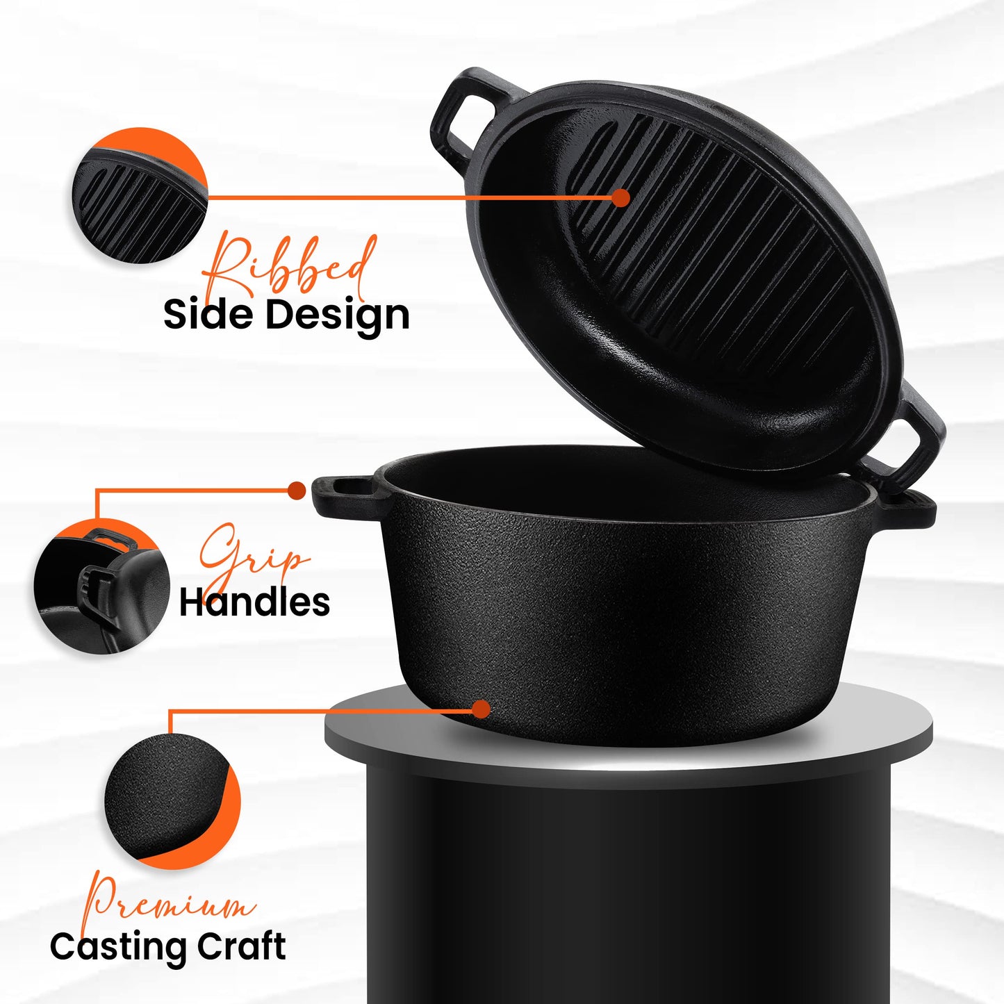 - KICHLY 4.7L/5.0 Quart Pre Seasoned Cast Iron Pan | Dutch Oven with Lid | Dual Function Cast Iron Griddle Pan -