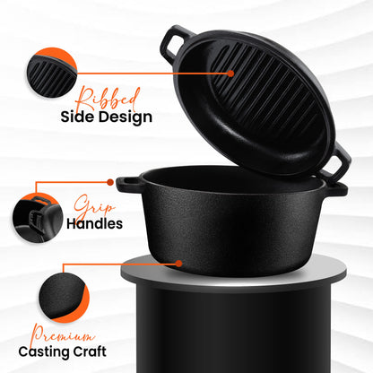 - KICHLY 4.7L/5.0 Quart Pre Seasoned Cast Iron Pan | Dutch Oven with Lid | Dual Function Cast Iron Griddle Pan -