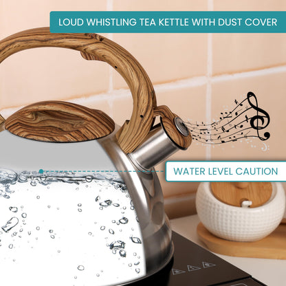 Belle Vous Silver Whistling Tea Kettle - 3L Tea Pot for Stovetop/Induction Stove Top - Stainless Steel Hot Water Camping Kettle Teapot for Tea/Coffee