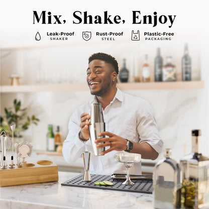 BARE BARREL® Cocktail Making Kit | 14-Piece Bartender Kit Cocktail Shaker Set Maker | Bamboo Display Stand & 35 Recipe Cards | Mixology Cocktail Gift Set (800ml/28oz Boston Shaker, Silver)