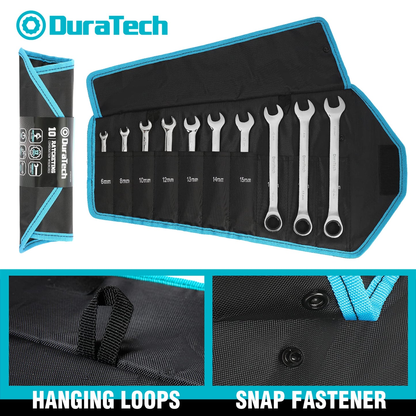 - DURATECH 10-Piece Ratchet Combination Spanner Set | Fixed Head Open End Combination Wrench Set with Roll Pouch | Metric | 6-18mm | 12 Point | CR-V Steel -