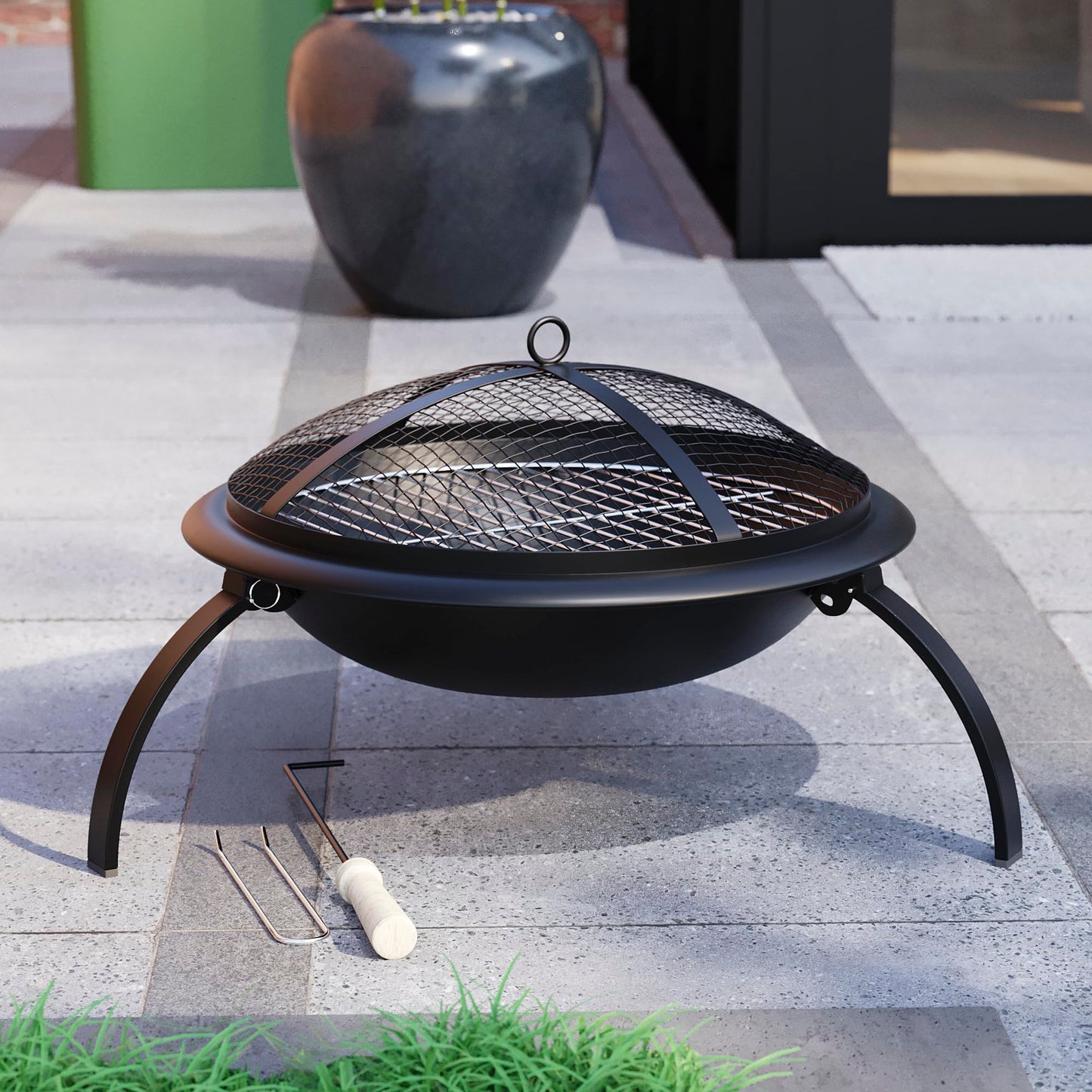 - Fire Vida Fire Pit | Steel Folding Outdoor Garden Patio Heater Grill | Comes With Poker, Grill, Mesh Lid, Grate -