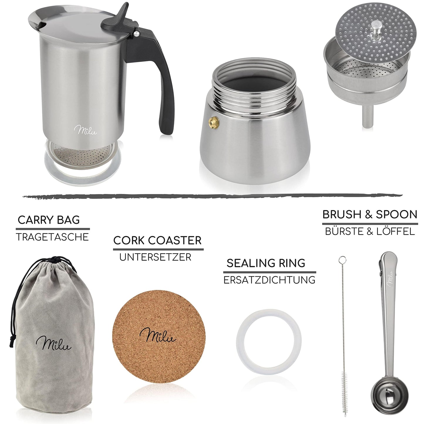- Milu Espresso Maker Induction Hob | 2, 4, 6, 9 Cup| stainless steel Espresso Pot -