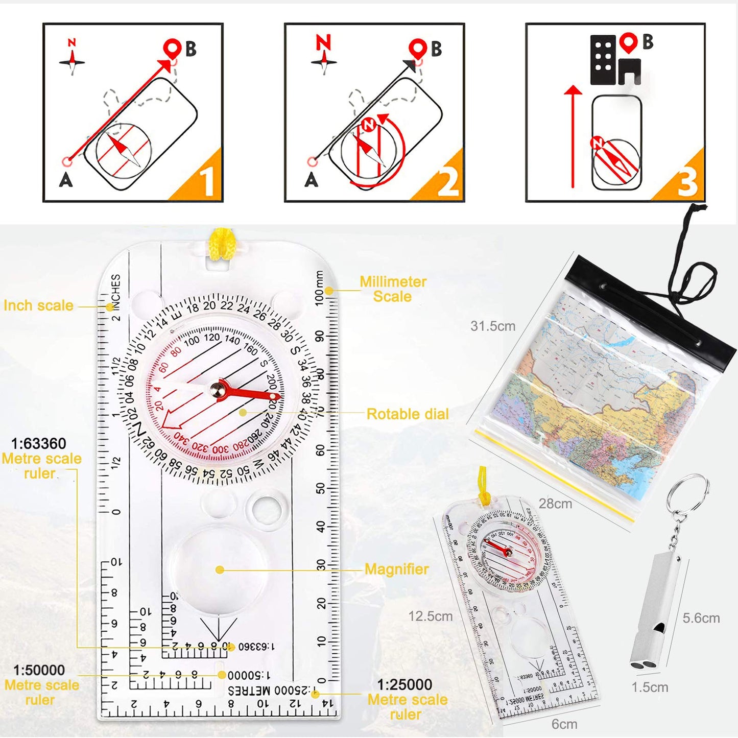 Compass Orienteering, Clear Navigation Compass for Explorer Expedition Camping, Hiking, Survival Mountaineering with Waterproof Map Case Bag and Emergency Whistle