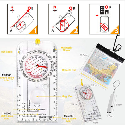 Compass Orienteering, Clear Navigation Compass for Explorer Expedition Camping, Hiking, Survival Mountaineering with Waterproof Map Case Bag and Emergency Whistle