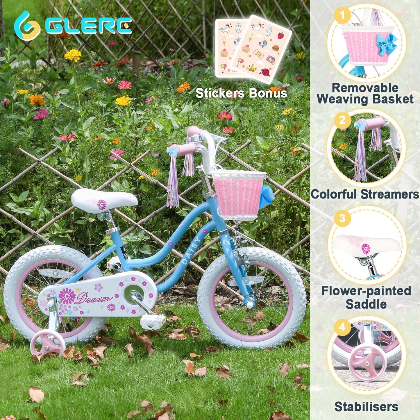 - Glerc Daisy Kids Bike | 14 Inch Girls Bike | 3 4 5 Years Old | Streamers, Basket,Stabilisers and Bell -