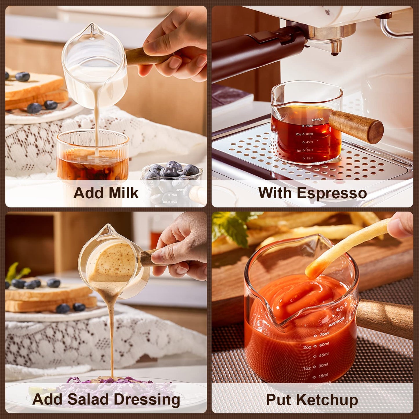 - PARACITY Espresso Cups with Wood Handle | Double Spout Glass Measuring Cup with Dual Scale -