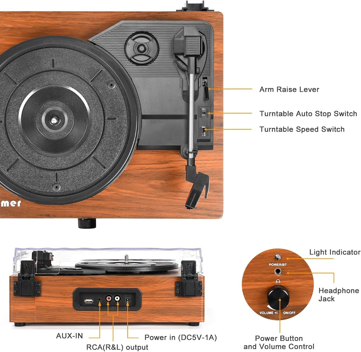 - Vinyl Record Player Turntable with Built-in Speakers and USB Belt-Driven Vintage Phonograph Record Player 3 Speed for Entertainment and Home Decoration (Brown) -