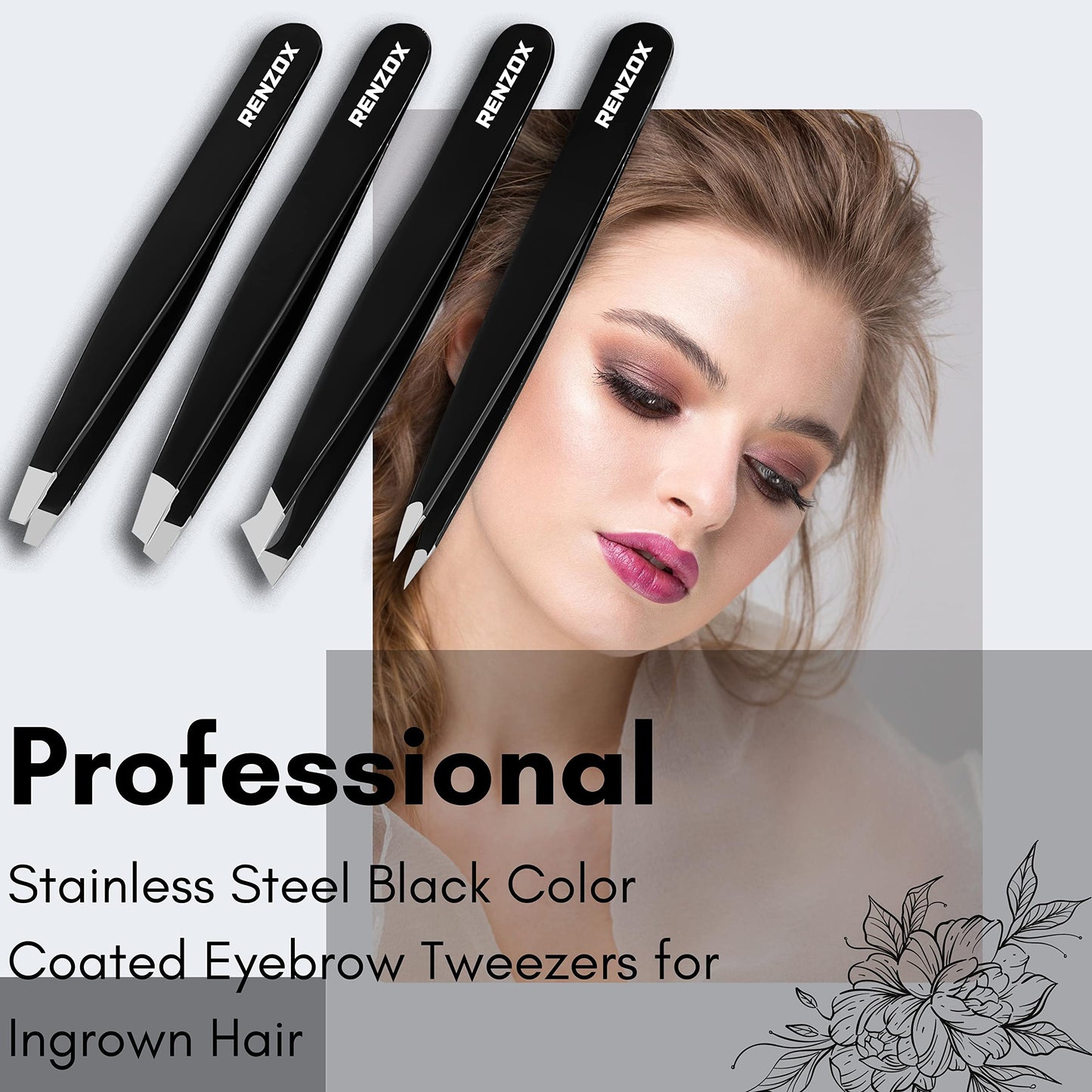 - Renzox Tweezers for Facial Hair | Hair Removal | Eyebrow Tweezers |  Stainless Steel Black -